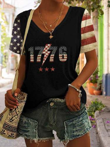 Women's Flag 1776 Print V-Neck T-Shirt