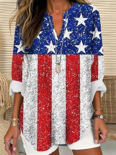 Women'S Independence Day Flag Casual Long Sleeve V-Neck Shirt