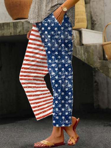 Women's Independence Day Flag Star Stripe Print Cotton Linen  Casual Pants