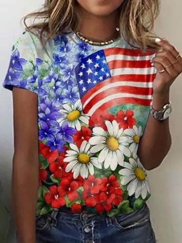 Independence Day flag floral print V-neck T-shirt