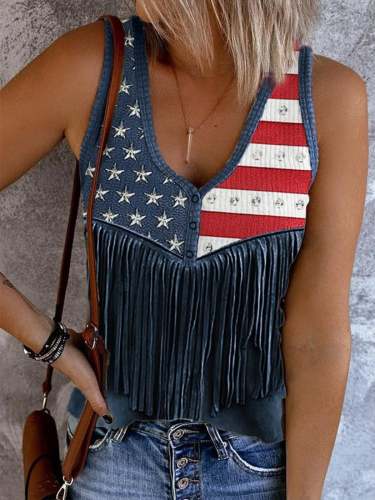 Women's American Flag Rivet Tassel Art Print V-Neck Sleeveless Tank Top