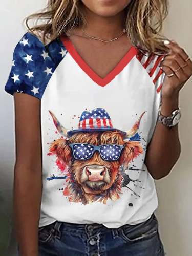 Women's Independence Day Western America Highland Cow Print V-Neck T-Shirt