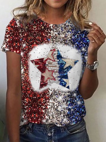 Women's Independence Day Sparkly Star Print T-Shirt