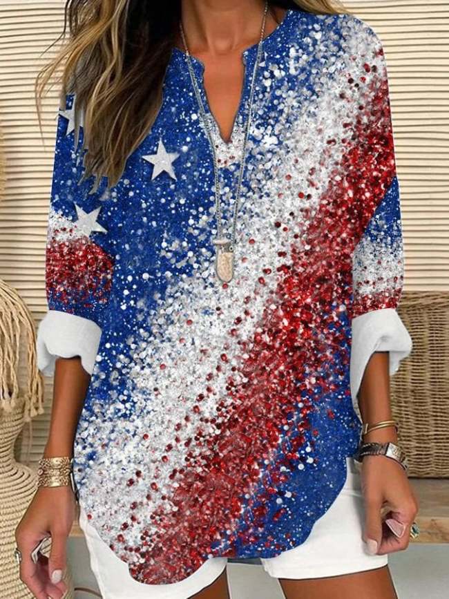 Women'S Independence Day Flag Casual Long Sleeve V-Neck Shirt