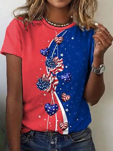 Women's Independence Day American Flag Rose Print Casual Tee