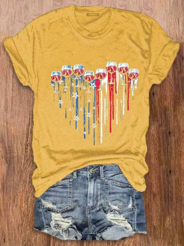 Women's Independence Day Love Wine Glass Print T-Shirt