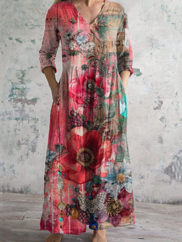 Vintage Floral Print Cotton Dress