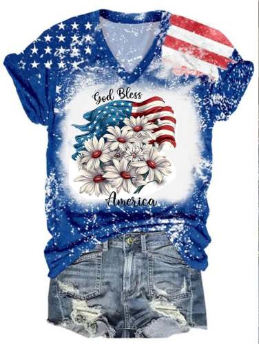 Women's  God Bless America Flag Print V-Neck Casual T-Shirt