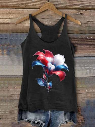 Women'S Independence Day Red And Blue Floral Black Casual Vest