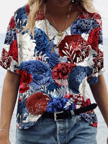 Women'S Independence Day Floral Art Print Casual T-Shirt