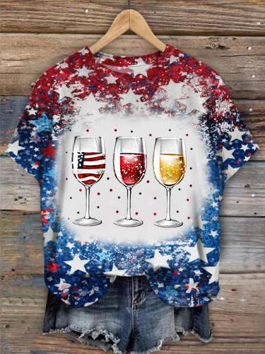 Women's Independence Day Red Wine Blue Wine Glass Print Casual Tee