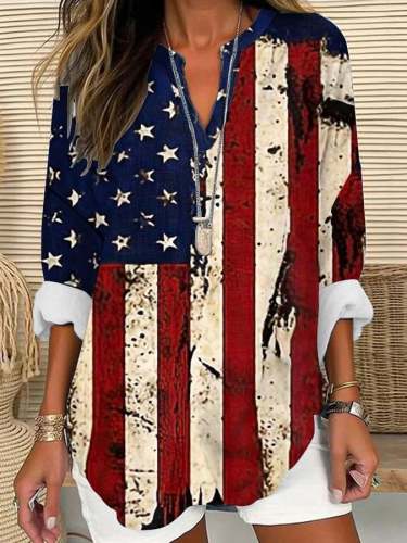 Women'S Independence Day Distressed Flag Print Casual Long Sleeve V-Neck Shirt