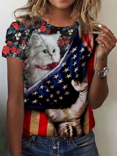 Women's Independence Day American Flag Flowers Cute Cat Print Casual Tee