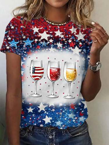 Women's Independence Day Red Wine Blue Wine Glass Print Casual Tee