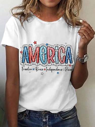 Women's America Freedom Brave Independence Power Print V-Neck T-Shirt