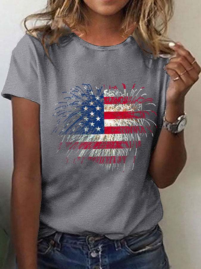 Women's Independence Day Love Fireworks Flag Print T-Shirt