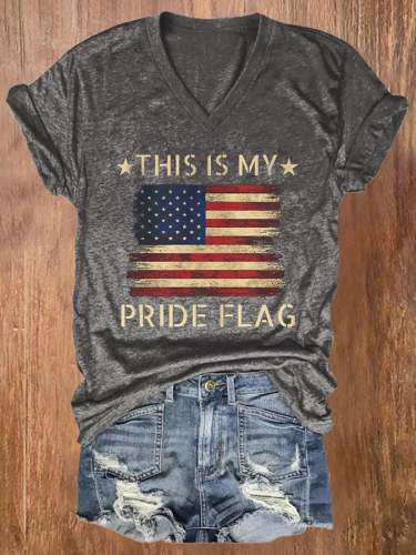 Women's Vintage This Is My Pride Flag Print Casual V Neck T-shirt
