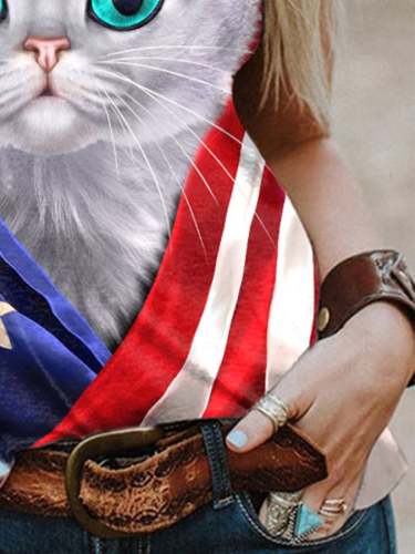 Women'S Round Neck Independence Day Cat Flag Print Casual T-Shirt