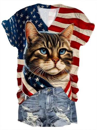 Women's Independence Day Cat Flag Print T-Shirt