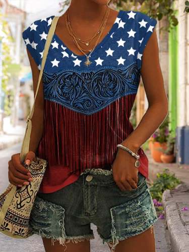 Women's American Flag Pattern Floral Tassel Art Tank Top