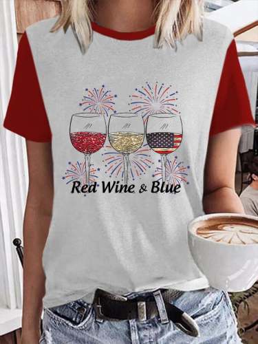 Women's Red Wine and Blue Print T-Shirt