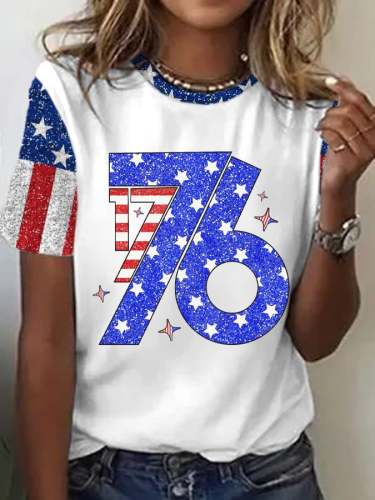 Women's 1776 Independence Day Print Round Neck T-shirt