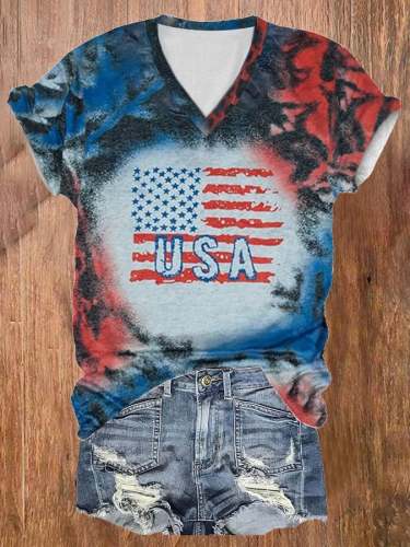 Women's Vintage  American Flag Independence Day Print V-Neck T-Shirt