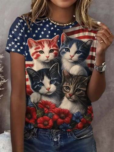 Women'S Independence Day Round Neck Retro Cat Floral Print Casual T-Shirt