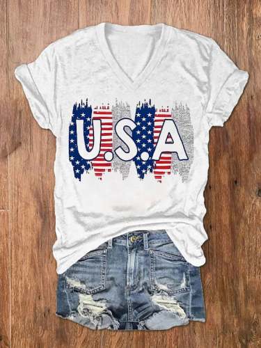 Women's USA Independence Day Printed V-Neck T-Shirt