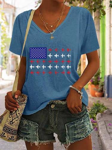 Women's Pilot Airplane American Flag T-shirt