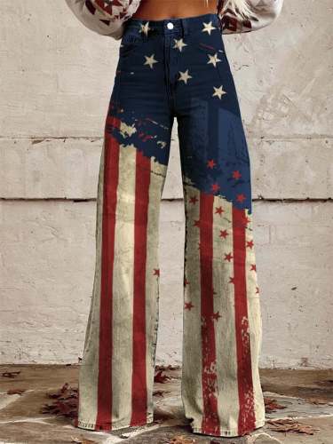 Women's Vintage Independence Day Flag Print Wide Leg Pants
