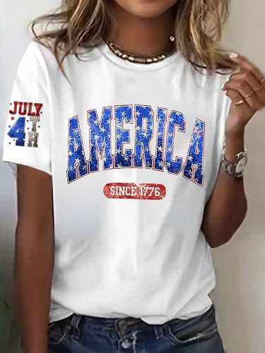 Women's (4th of July Artificial Glitter) Independence Day Printed Casual T-Shirt