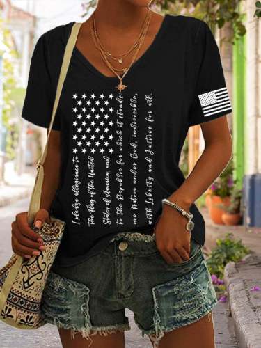 Women's Flag With Pledge Of Allegiance Print Casual T-Shirt
