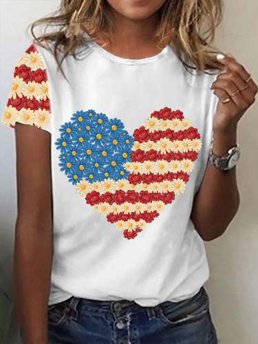 Women's Independence Day Red And Blue Floral Love Print Round Neck T-Shirt
