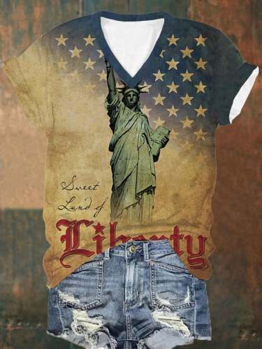 Women's Independence Day Retro Print V-Neck T-Shirt