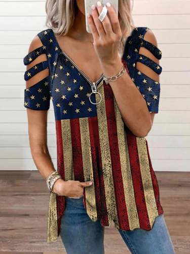 Women's Independence Day America Flag Print Casual Zipper V-Neck Tee