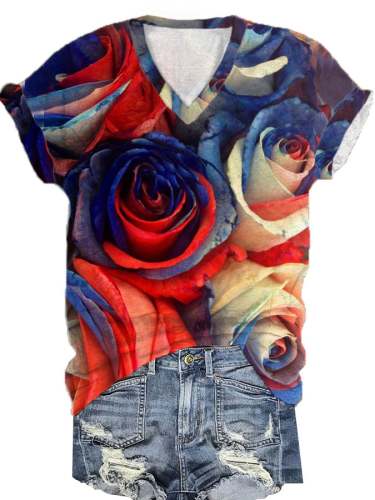 Women's Independence Day Rose Print T-Shirt