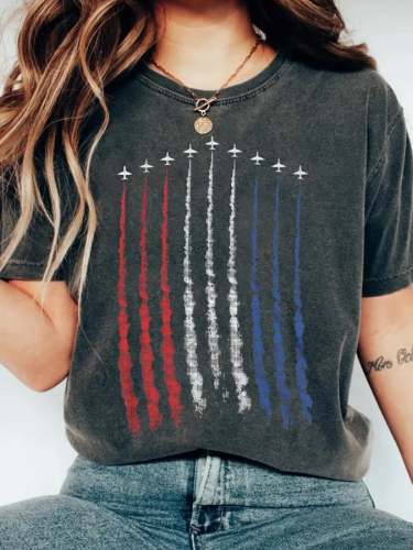 Women'S Red White Blue Air Force Flyover Print Casual T-Shirt