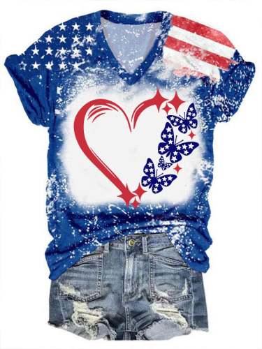 Women's Independence Day Heart Butterfly Print V-Neck T-Shirt