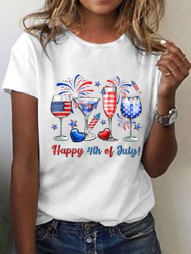 Women's Happy 4th Of July Red Wine Glass Printed Round Neck T-Shirt