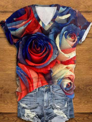 Women's Independence Day Rose Print T-Shirt
