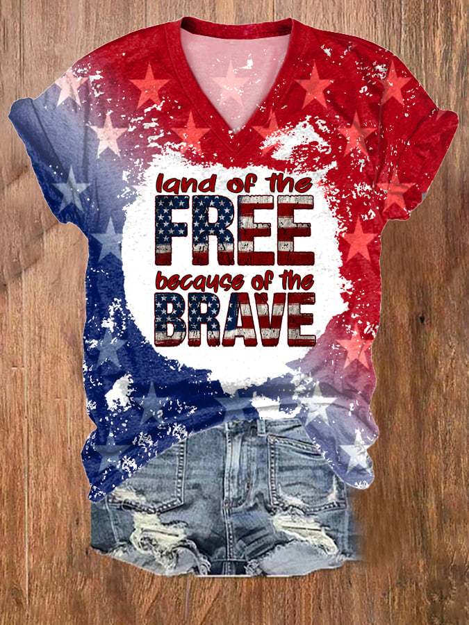 Women's Home Of The Free Because Of The Brave Print V Neck T-shirt