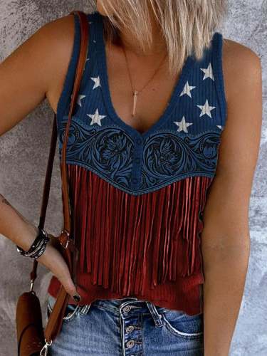 Women's American Flag Pattern Floral Tassel Art Print V-Neck Sleeveless Tank Top