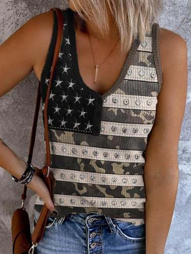 Women's American Flag Inspired Art Print Button Down Casual Vest