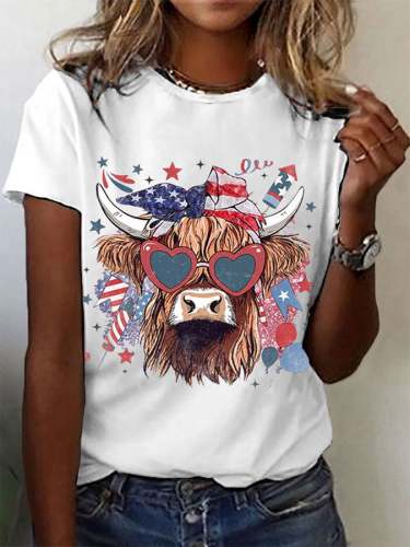 Women's Independence Day Highland Cow Print Crew Neck T-Shirt