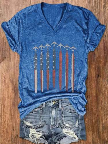 Women's Independence Day Airplane Print V-Neck T-Shirt