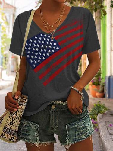 Women's V-Neck Independence Day Distressed Flag Graphic T-Shirt