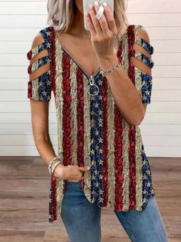 Women's Independence Day Vintage Shiny American Flag Print Zipper Off Shoulder Casual T-Shirt