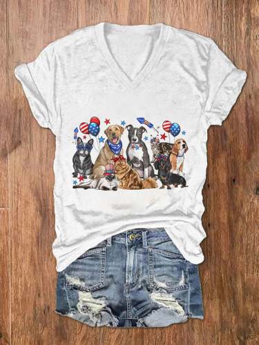 Women's Independence Day Dogs Print V-Neck T-Shirt