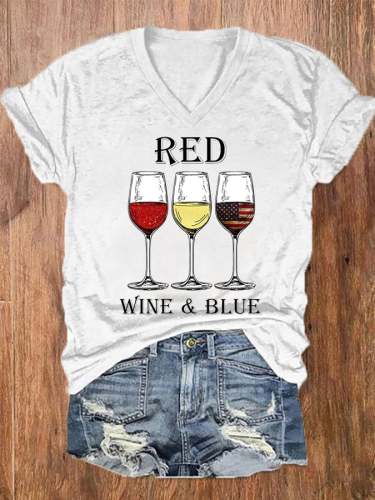 Women's Red Wine Blue Independence Day Wine Glass Casual V-Neck Tee